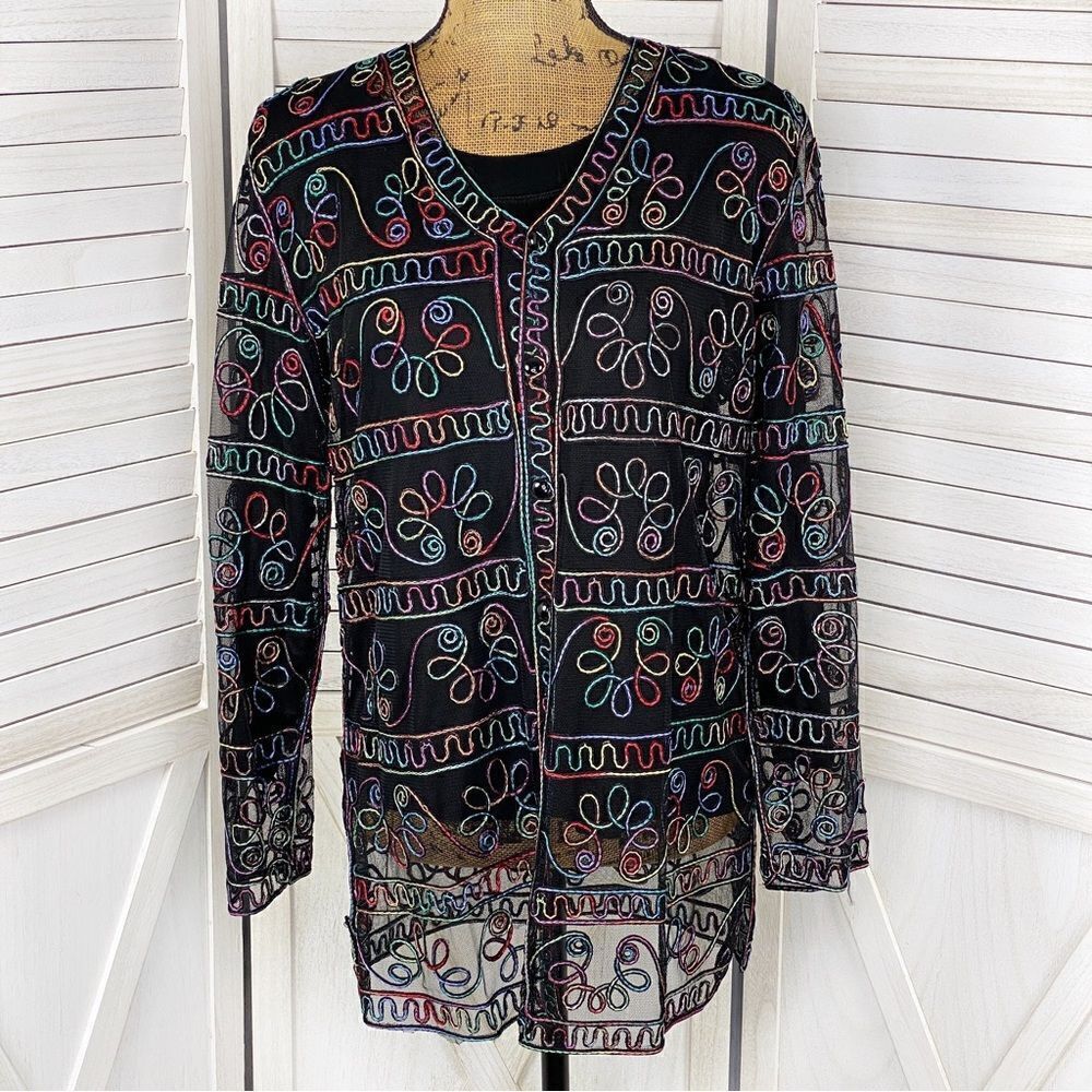 Jeannie Rainbow‎ Embroidered Sheer Button Front Shirt Black Medium Artsy
